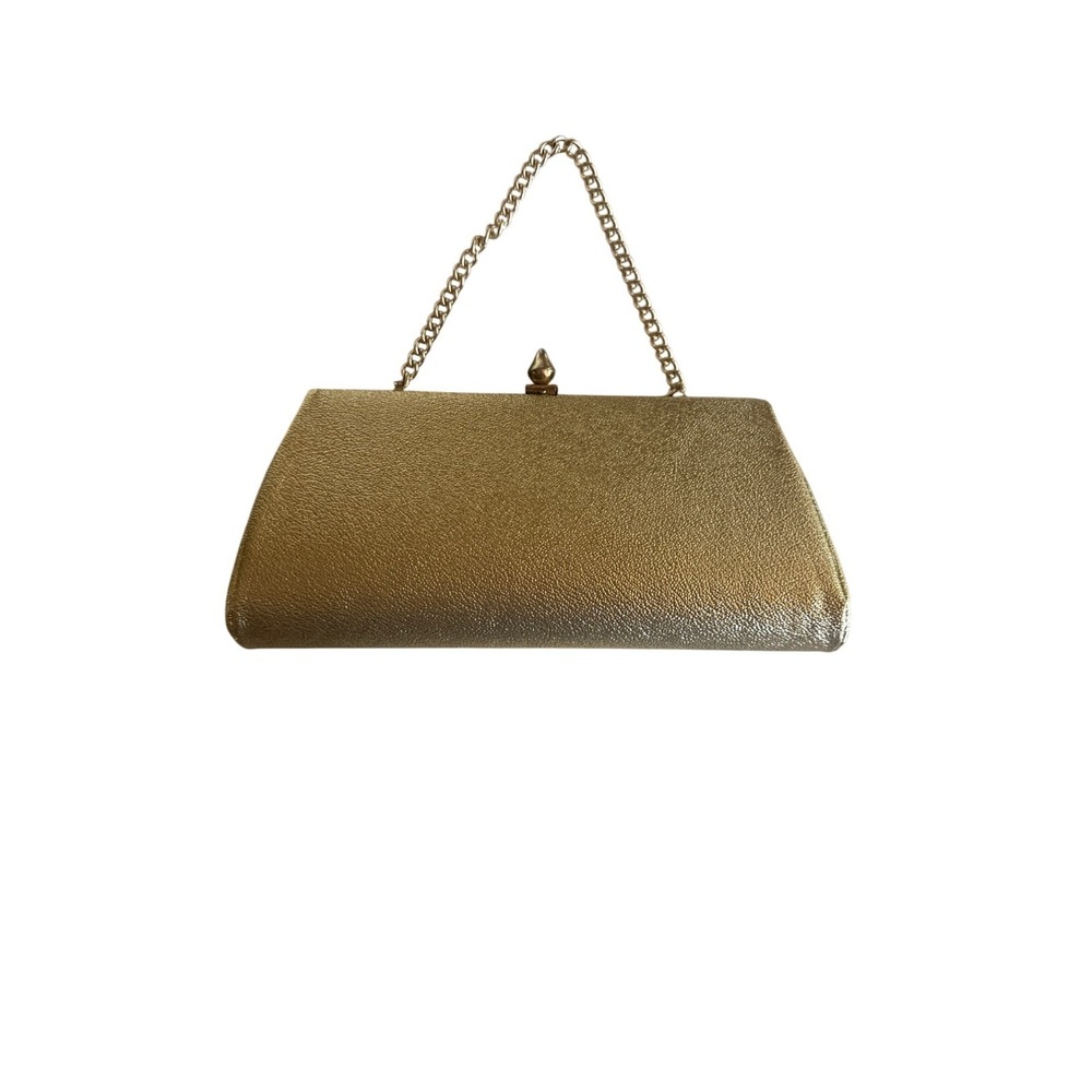 Gold Vintage Lamee Evening Clutch Purse With Chain Strap & Metallic Frame